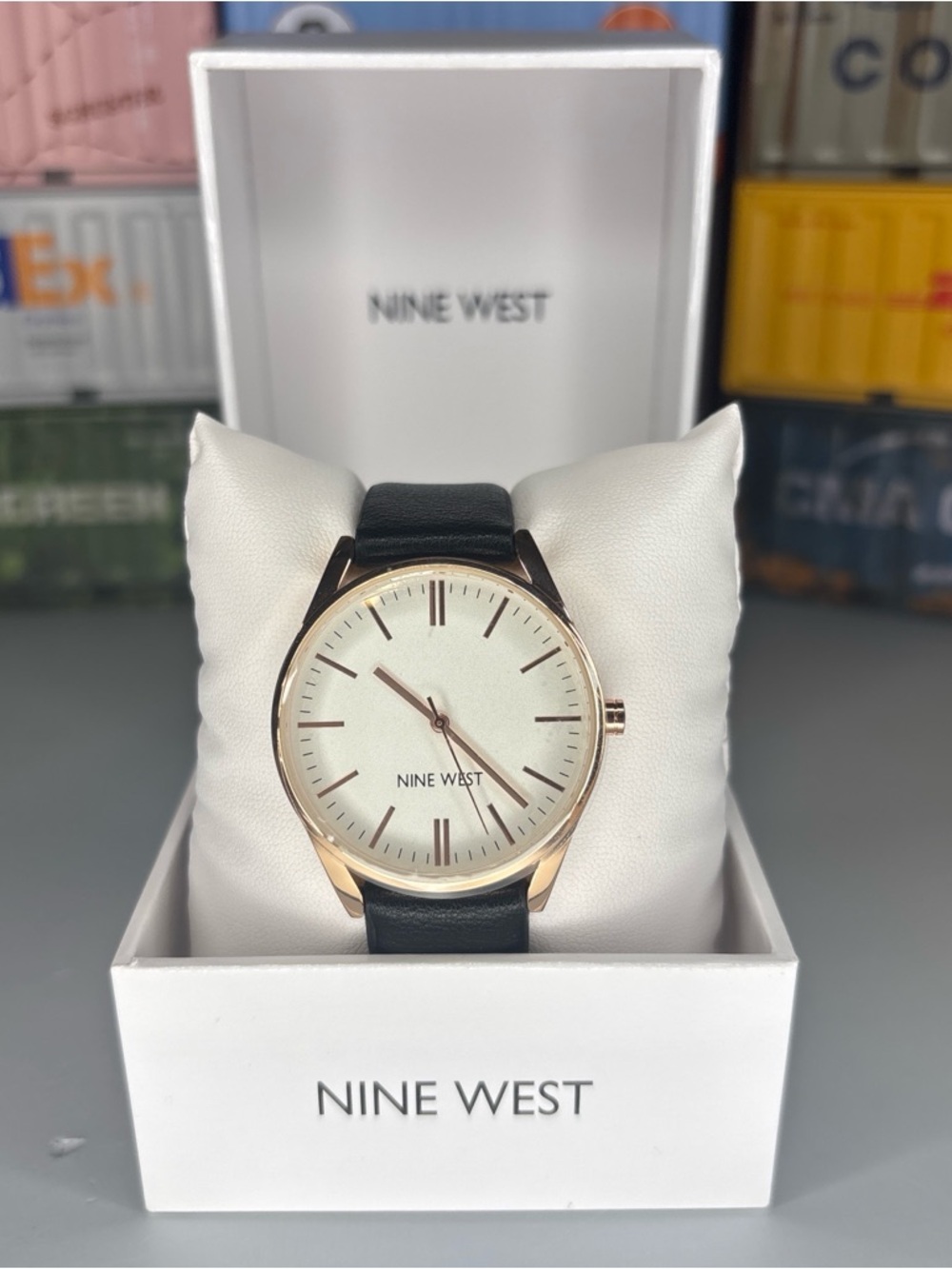 Nine West Black Strap Watch with Rose Gold Case and White Dial